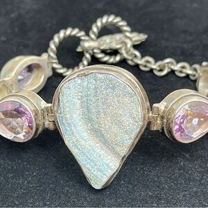 Solid Sterling Silver Druzy Amethyst Peridot Toggle Bracelet